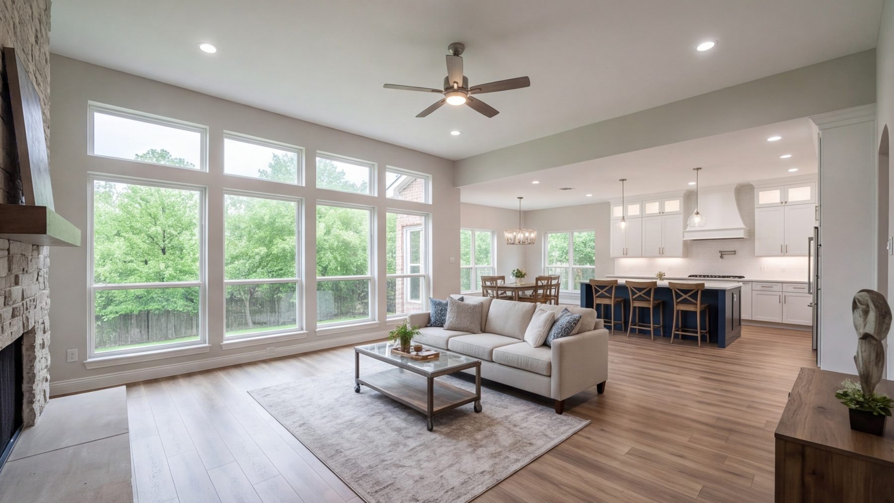 Open-plan kitchen and dining room seen from the living room