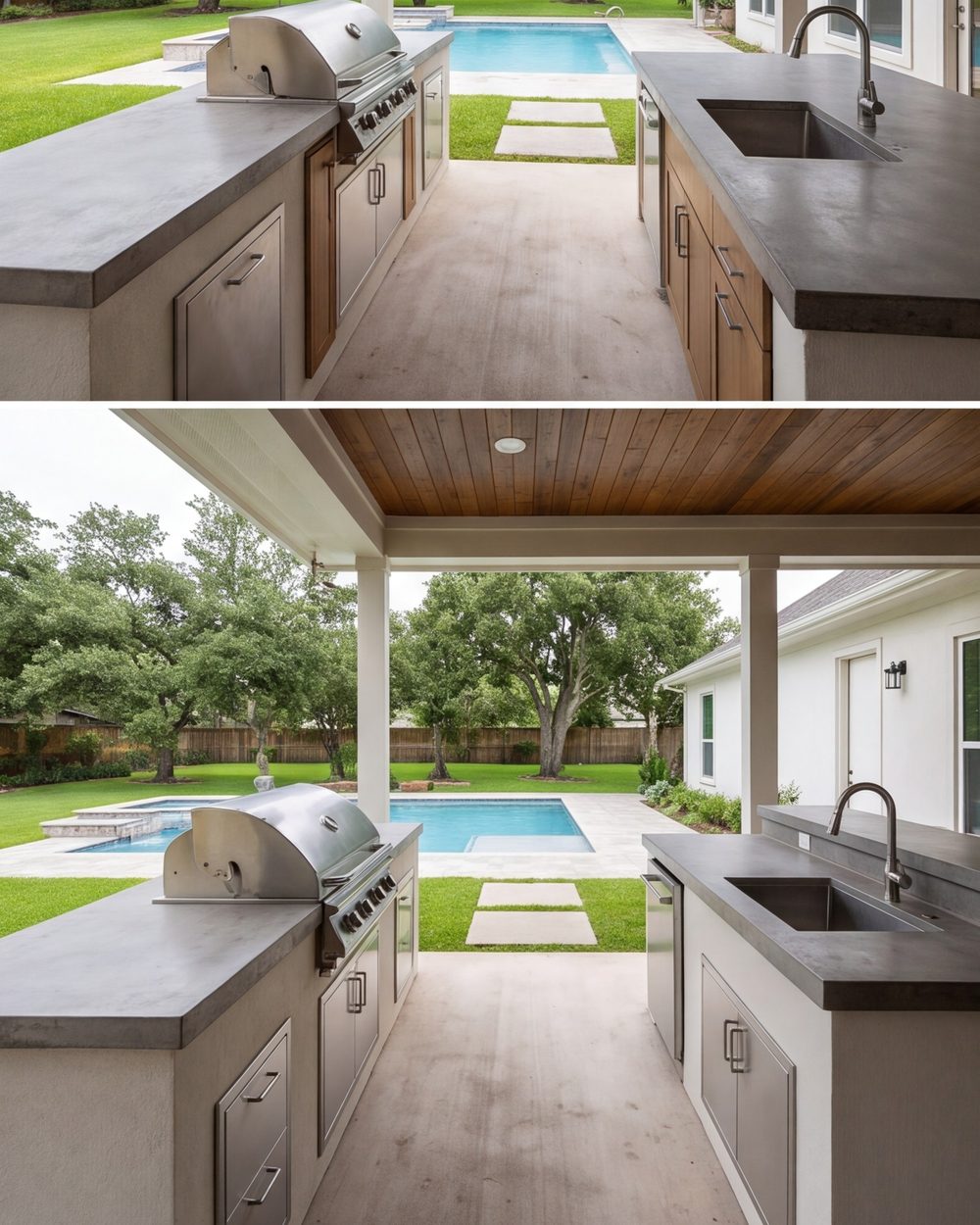 Outdoor kitchen under a covered patio with the pool behind