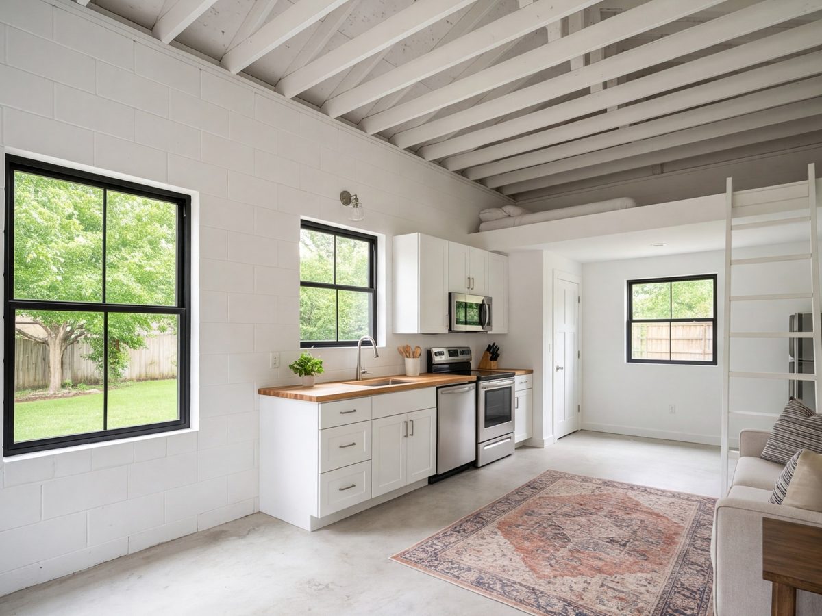 Garage converted into a studio apartment with a kitchenette