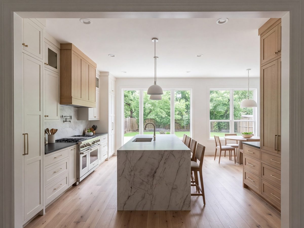 Remodeled kitchen with full-height cabinets and an island