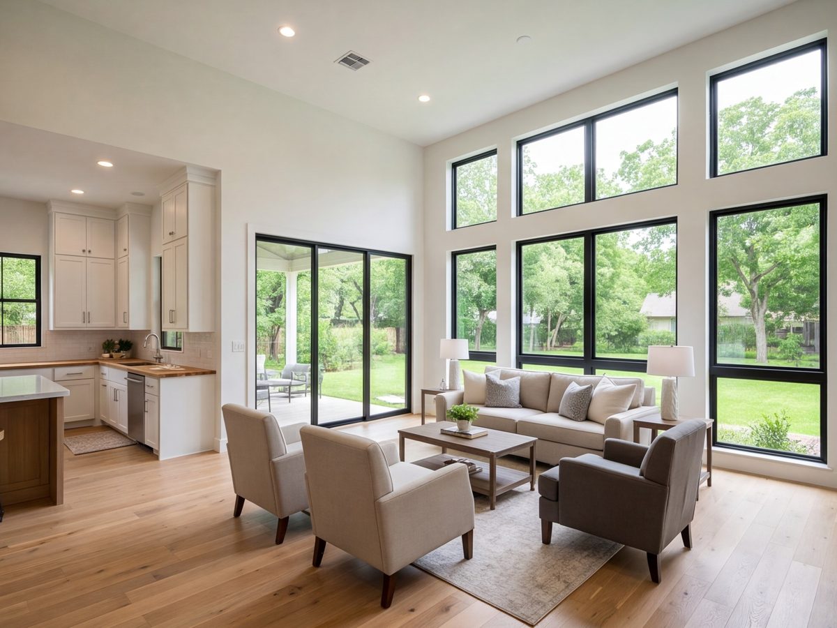 Living room with new black-frame windows and a sliding door